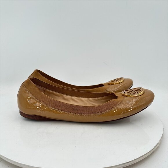 Tory Burch Caroline Women Size 8M Brown Patent Leather Elastic Ballet Flat Shoes - Picture 4 of 12